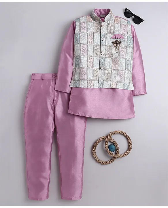 BT DEZINES Cotton Silk Woven Full Sleeves Solid Kurta & Pyjama With Thread Work Embroidered Jacket Set - Lilac